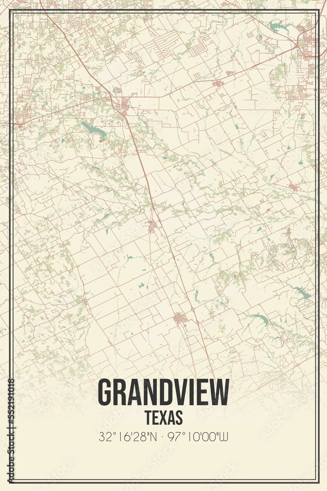 Retro US city map of Grandview, Texas. Vintage street map.