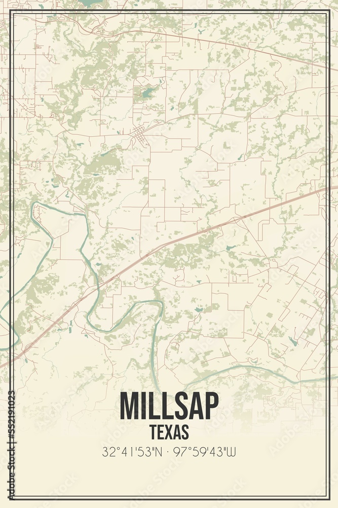 Fototapeta premium Retro US city map of Millsap, Texas. Vintage street map.
