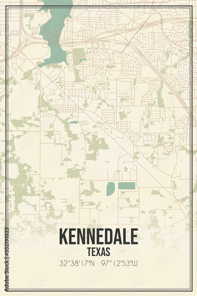 Retro US city map of Kennedale, Texas. Vintage street map.