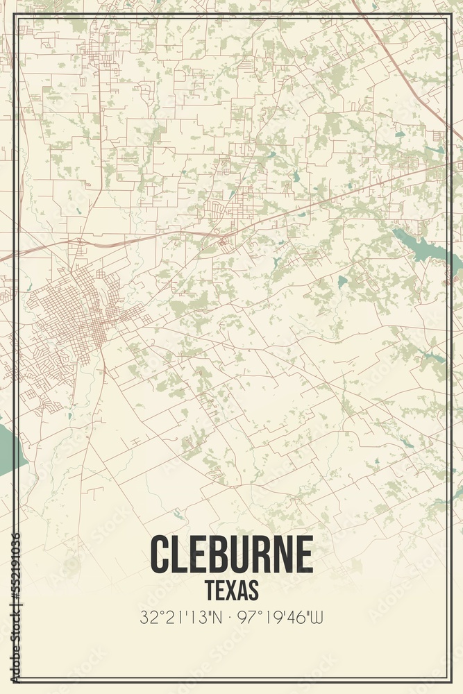 Retro US city map of Cleburne, Texas. Vintage street map.
