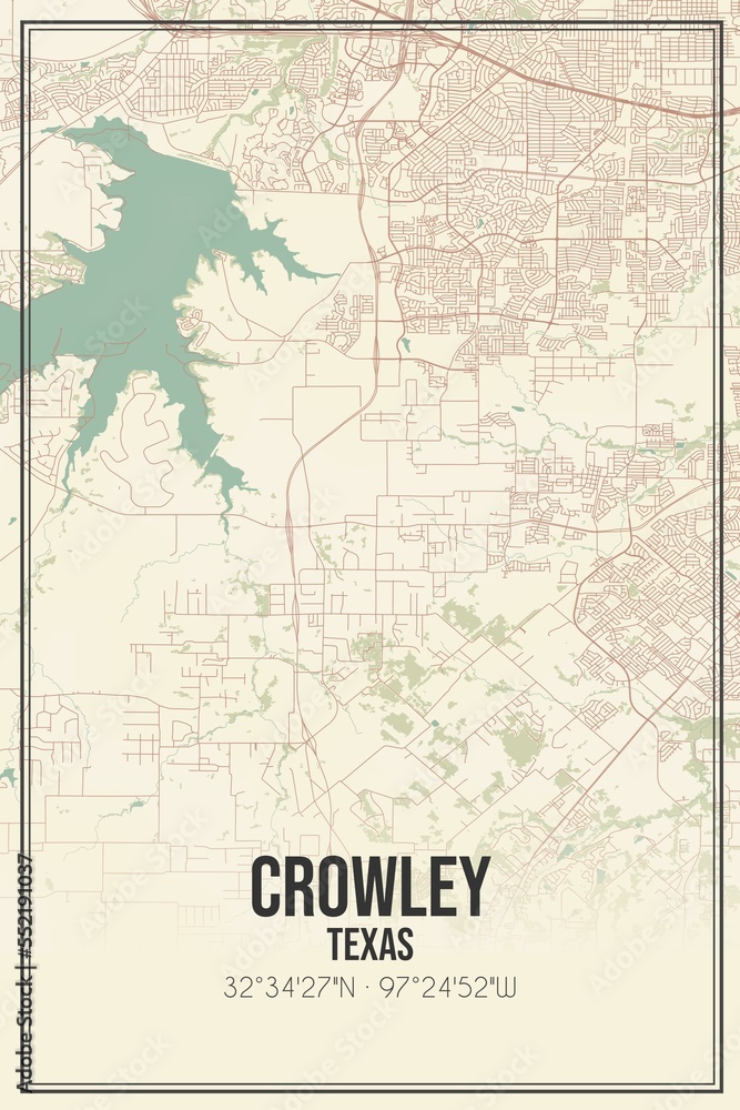 Retro US city map of Crowley, Texas. Vintage street map.