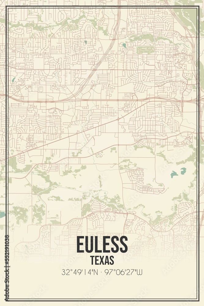 Retro US city map of Euless, Texas. Vintage street map.