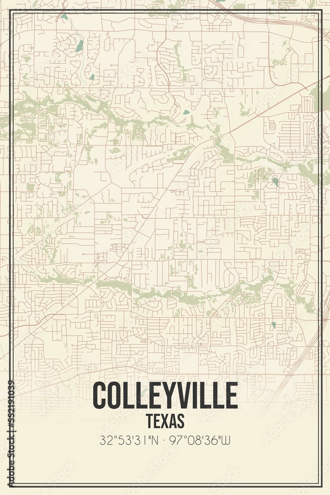 Retro US city map of Colleyville, Texas. Vintage street map.