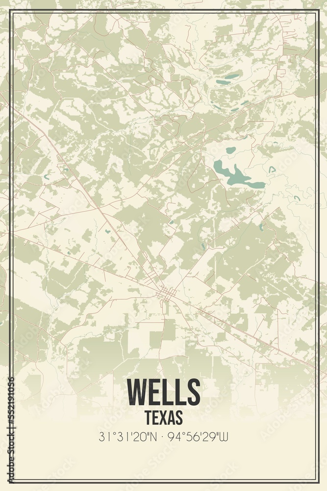 Retro US city map of Wells, Texas. Vintage street map.