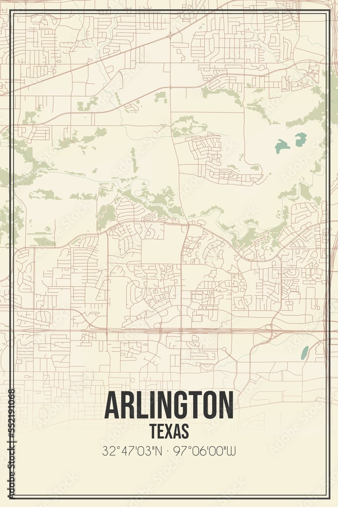 Retro US city map of Arlington, Texas. Vintage street map.