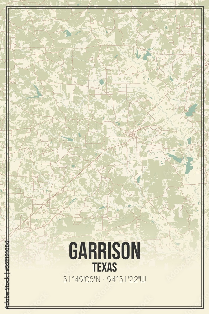 Retro US city map of Garrison, Texas. Vintage street map. Stock