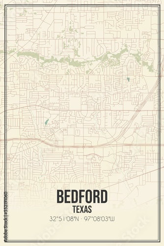 Retro US city map of Bedford, Texas. Vintage street map.