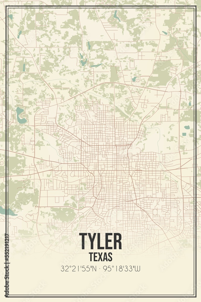 Retro US city map of Tyler, Texas. Vintage street map.