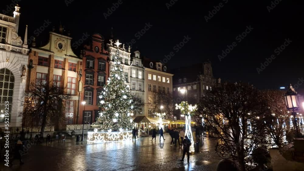 long market square and christmas tree in the night illumination for christmas. Gdansk, Poland. time lapse long market square and christmas tree in the night illumination for christmas. Gdansk, Poland. time lapse