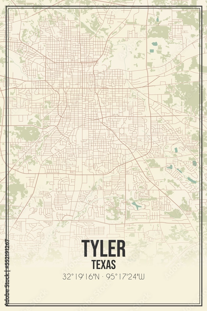 Retro US city map of Tyler, Texas. Vintage street map.