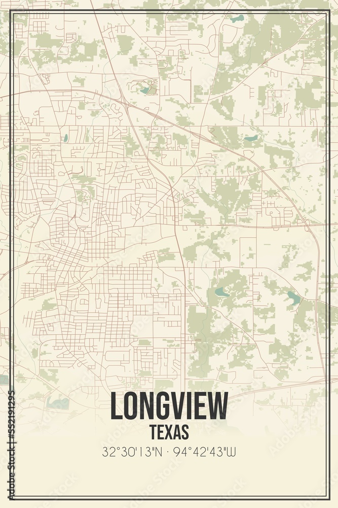 Retro US city map of Longview, Texas. Vintage street map.