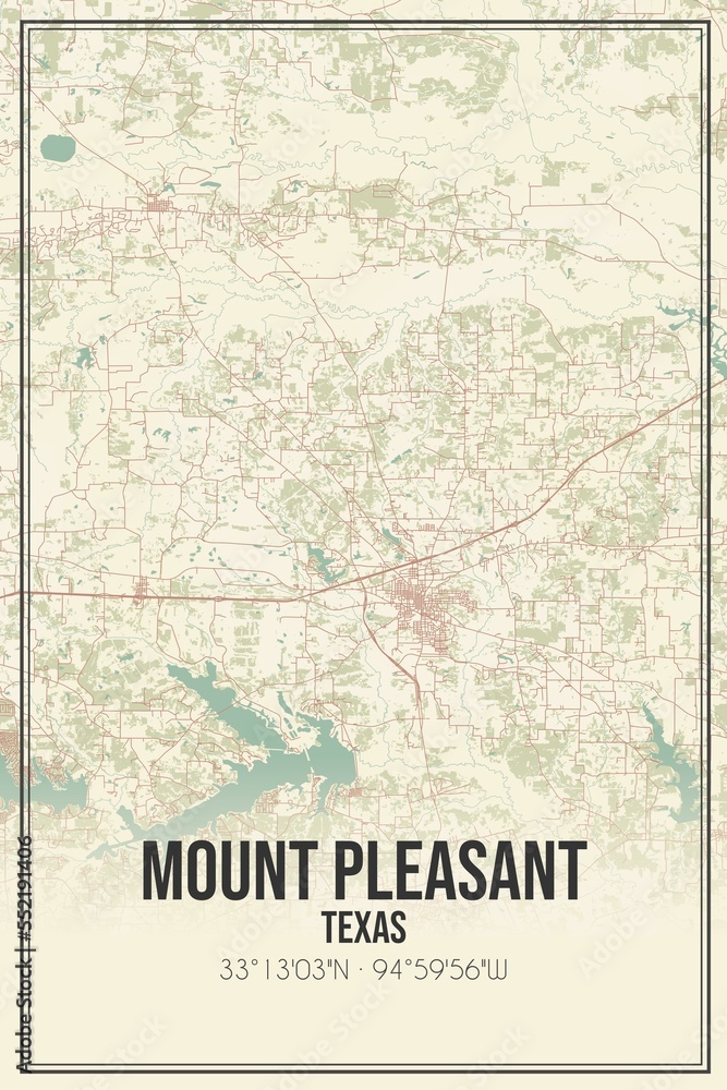 Retro US city map of Mount Pleasant, Texas. Vintage street map.
