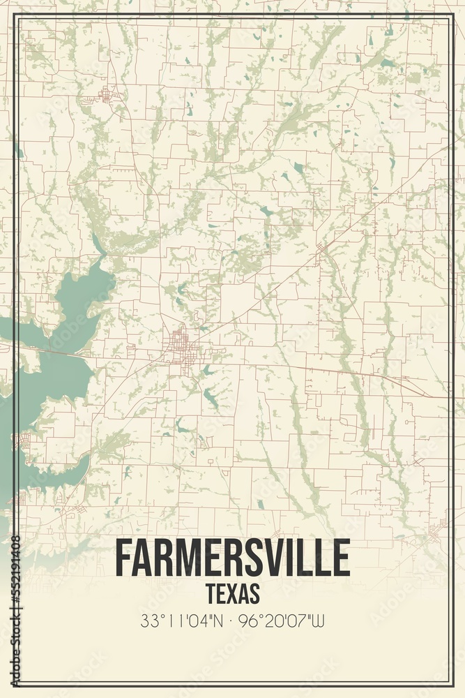Retro US city map of Farmersville, Texas. Vintage street map.
