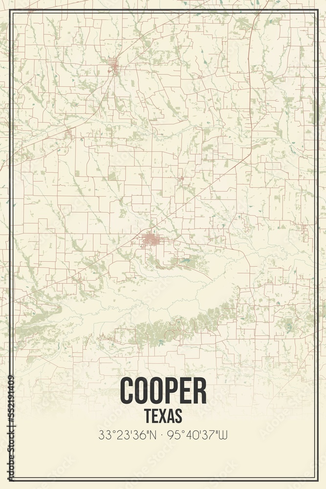 Retro US city map of Cooper, Texas. Vintage street map.
