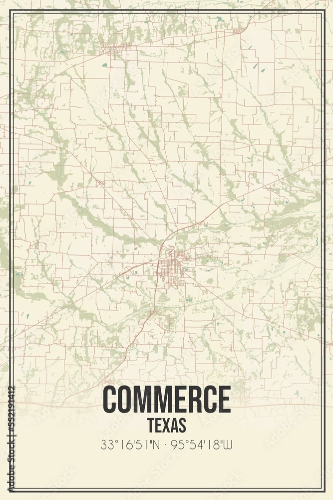 Retro US city map of Commerce, Texas. Vintage street map.