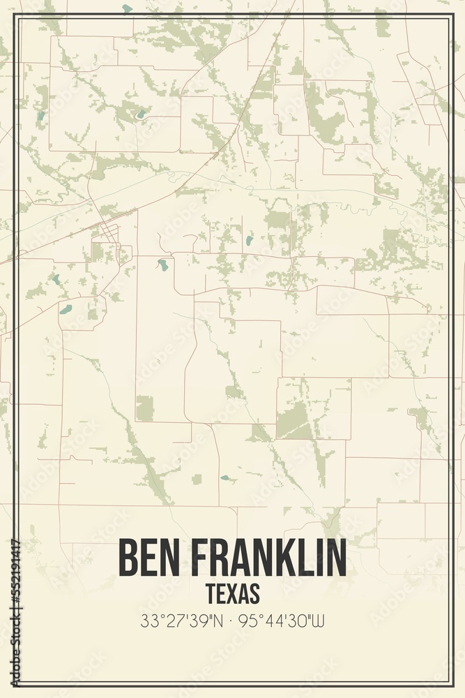 Retro US city map of Ben Franklin, Texas. Vintage street map.