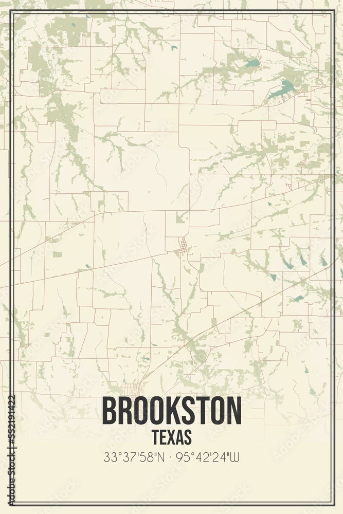 Retro US city map of Brookston, Texas. Vintage street map.