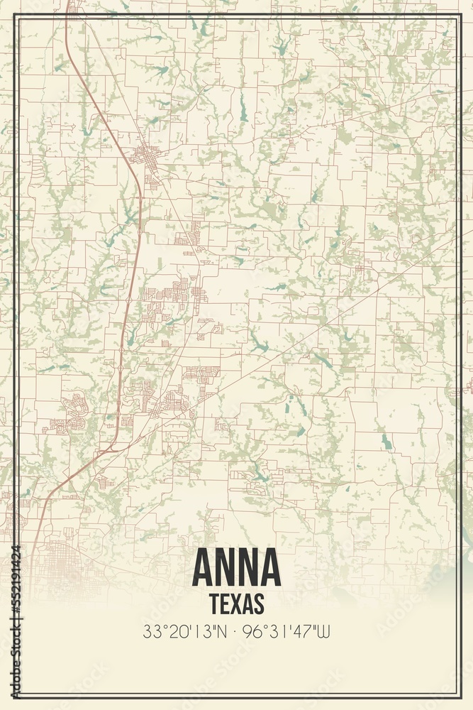 Retro US city map of Anna, Texas. Vintage street map.
