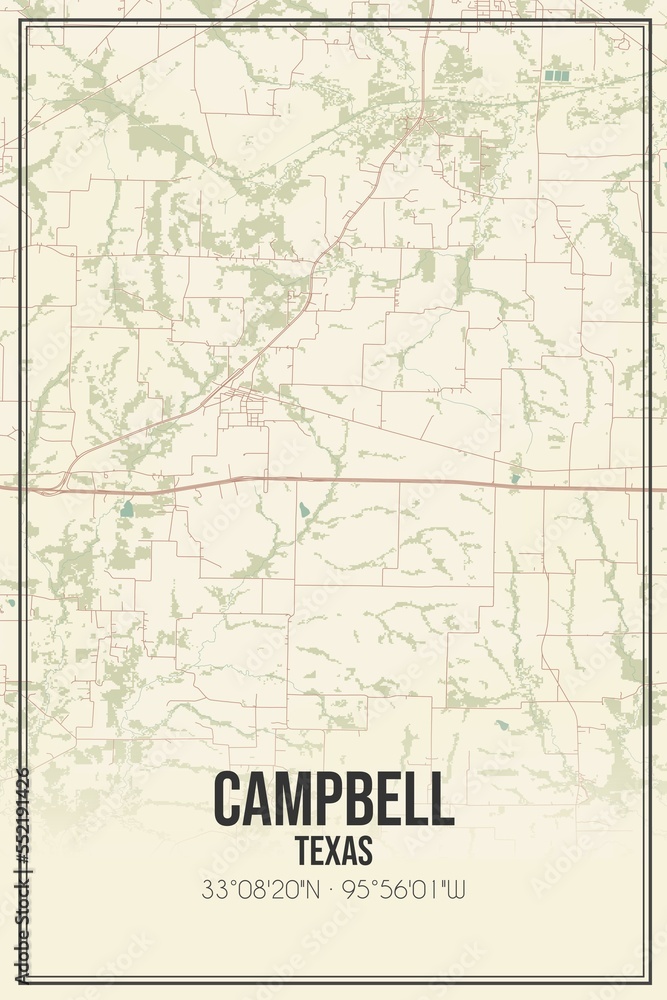 Retro US city map of Campbell, Texas. Vintage street map.