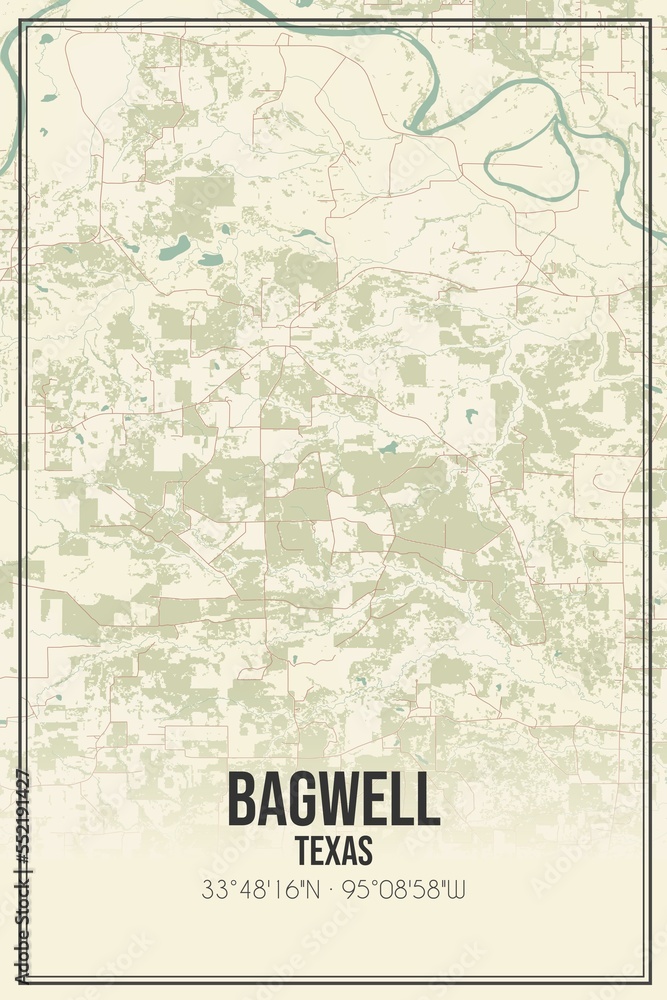 Retro US city map of Bagwell, Texas. Vintage street map.