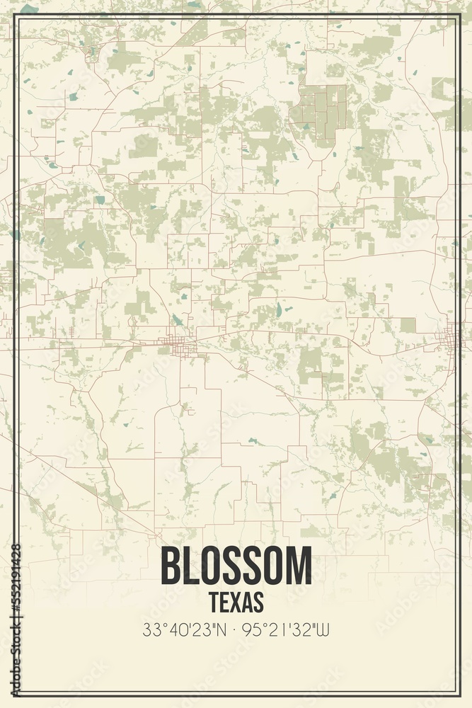 Retro US city map of Blossom, Texas. Vintage street map.