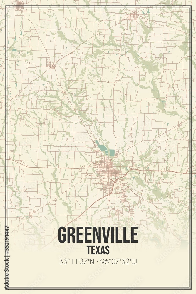 Retro US city map of Greenville, Texas. Vintage street map.