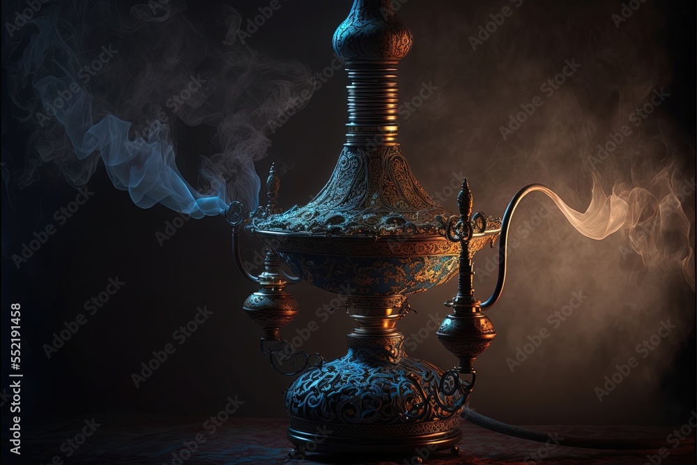 Oriental Arabic hookah with smoke and neon light, night view. Antique hookah of precious metals and stones, oriental antiques. AI Oriental Arabic hookah with smoke and neon light, night view. Antique hookah of precious metals and stones, oriental antiques. AI