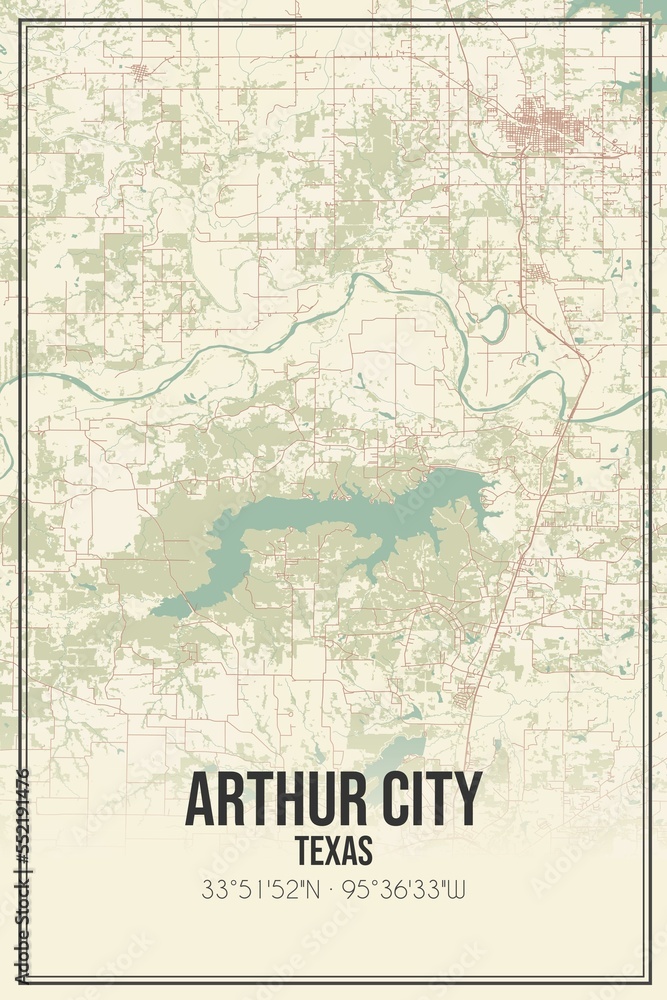 Retro US city map of Arthur City, Texas. Vintage street map.