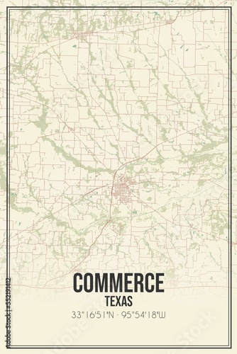 Retro US city map of Commerce, Texas. Vintage street map.