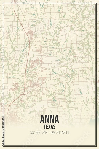 Retro US city map of Anna, Texas. Vintage street map.