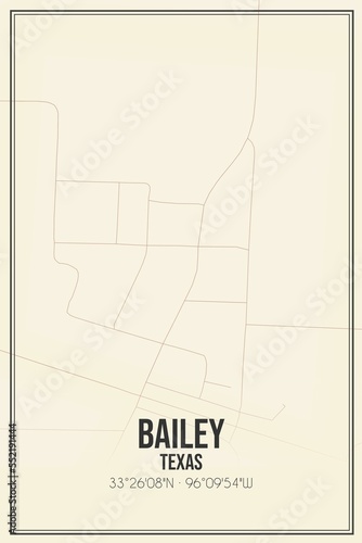 Retro US city map of Bailey, Texas. Vintage street map.