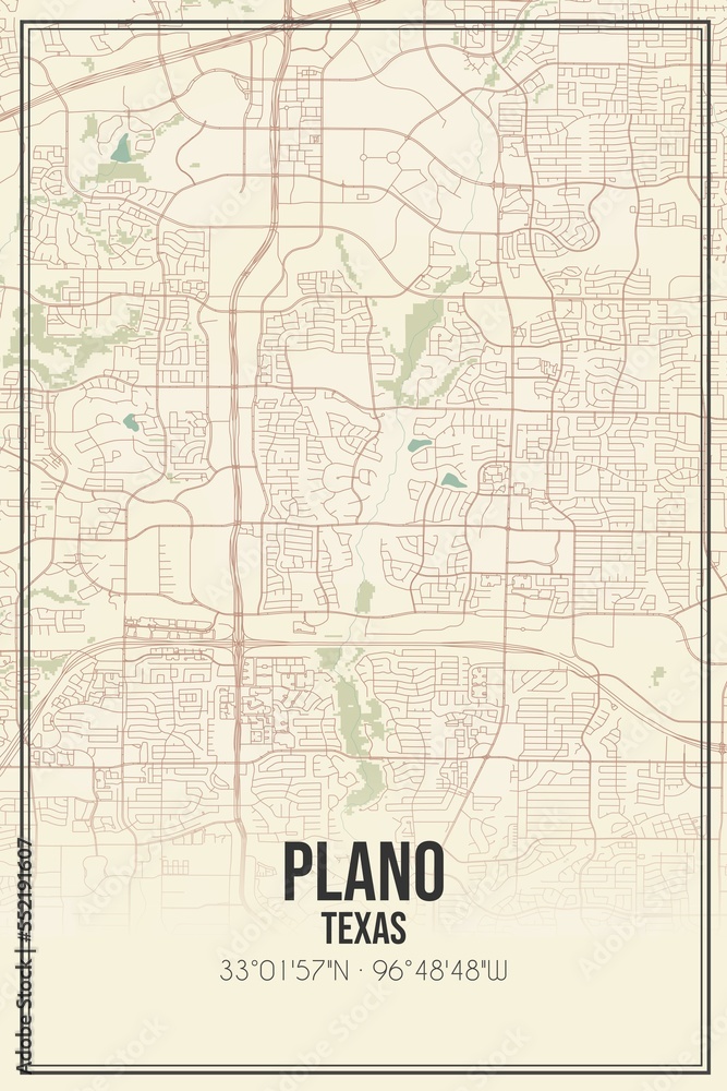 Retro US city map of Plano, Texas. Vintage street map.