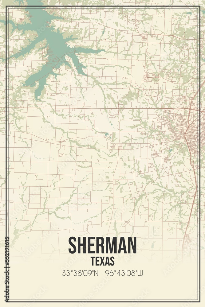 Retro US city map of Sherman, Texas. Vintage street map.
