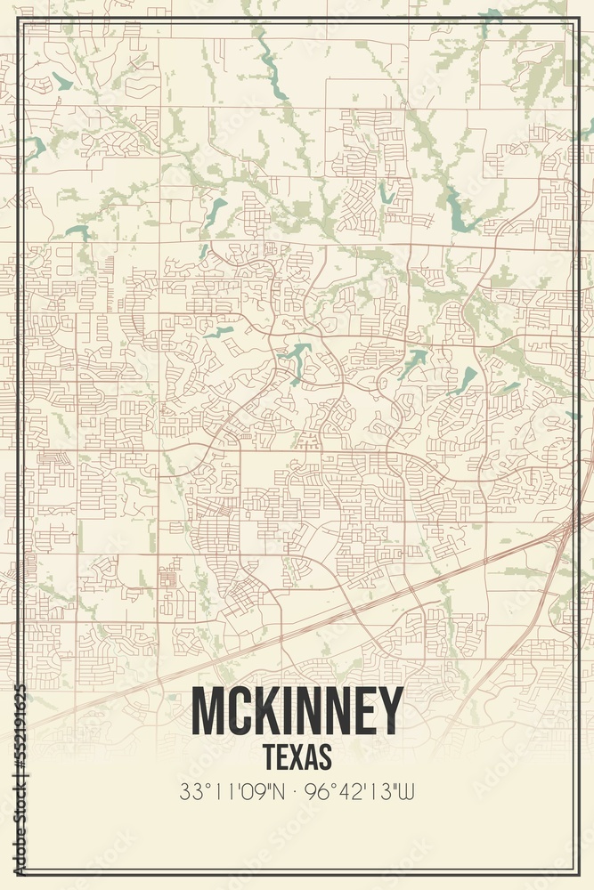 Retro US city map of Mckinney, Texas. Vintage street map.