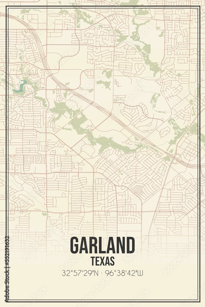 Retro US city map of Garland, Texas. Vintage street map.