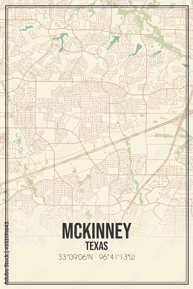 Retro US city map of Mckinney, Texas. Vintage street map.
