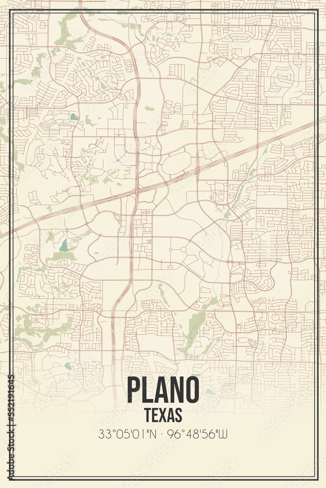 Retro US city map of Plano, Texas. Vintage street map.