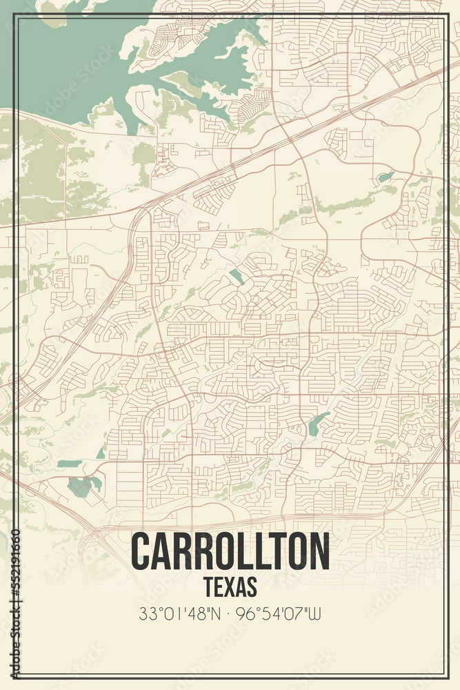 Retro US city map of Carrollton, Texas. Vintage street map.