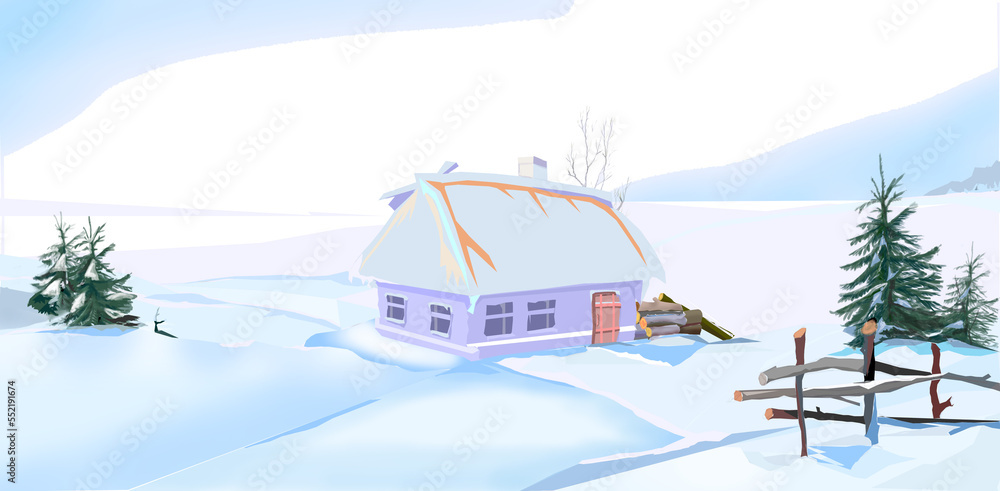 Fototapeta premium Winter landscape with a house and firs in blue tones. Winter cartoon.