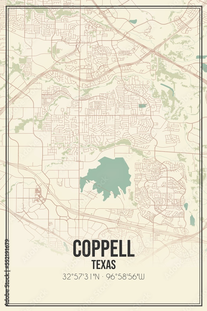Retro US city map of Coppell, Texas. Vintage street map.