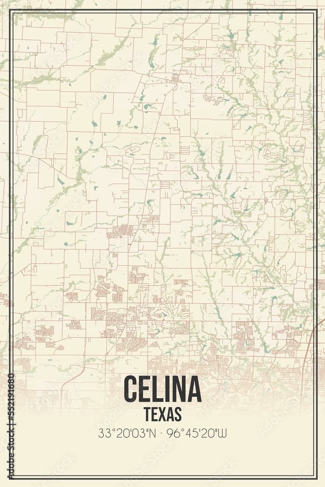 Retro US city map of Celina, Texas. Vintage street map.