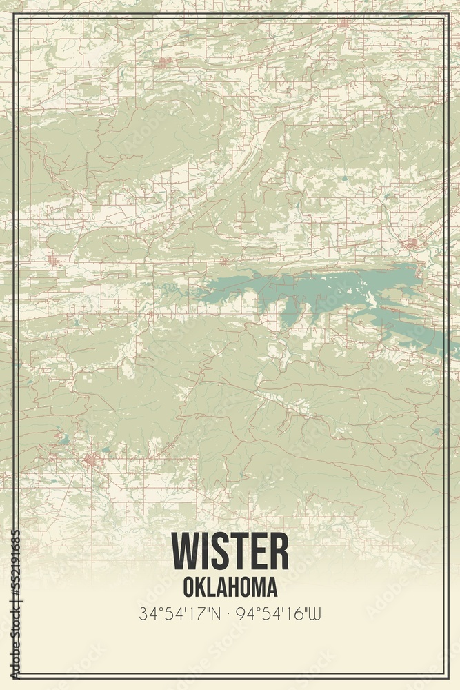 Retro US city map of Wister, Oklahoma. Vintage street map. Stock