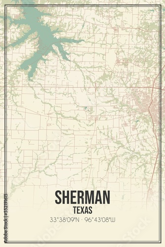 Retro US city map of Sherman  Texas. Vintage street map.
