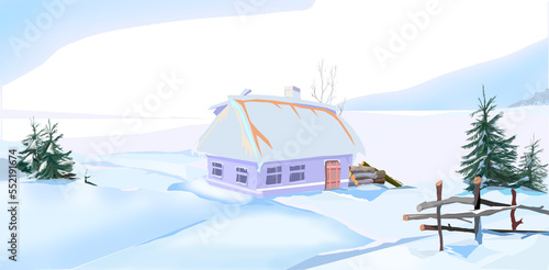 Winter landscape with a house and firs in blue tones. Winter cartoon.
