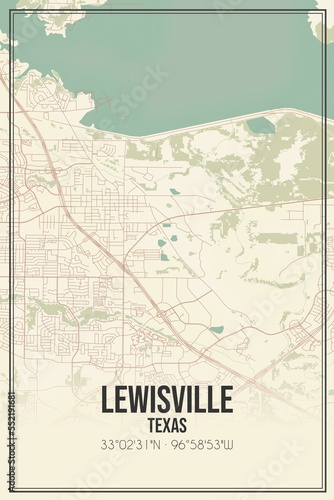 Retro US city map of Lewisville, Texas. Vintage street map.