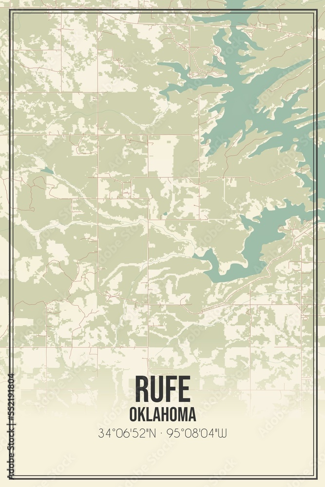 Retro US city map of Rufe, Oklahoma. Vintage street map.