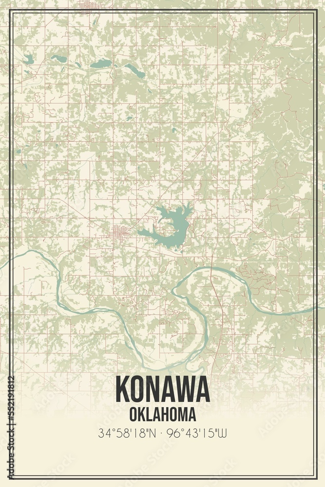 Retro US city map of Konawa, Oklahoma. Vintage street map.