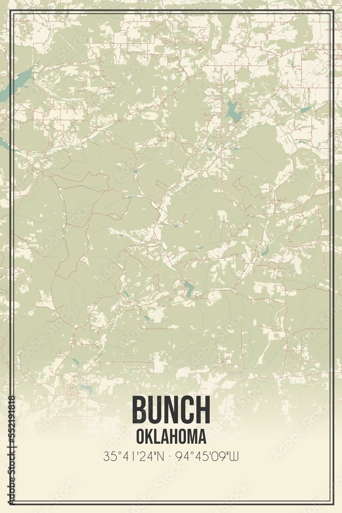 Retro US city map of Bunch, Oklahoma. Vintage street map.