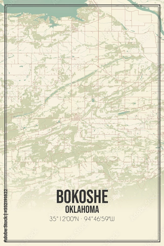 Retro US city map of Bokoshe, Oklahoma. Vintage street map.