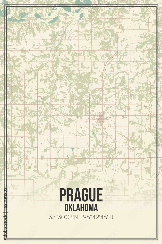 Retro US city map of Prague, Oklahoma. Vintage street map.